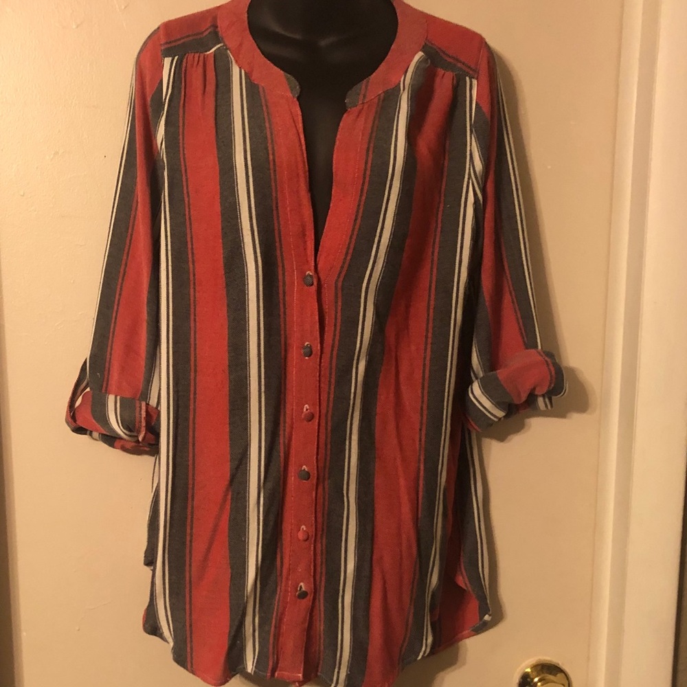 Daytrip Red and Gray Striped Button-Up Top